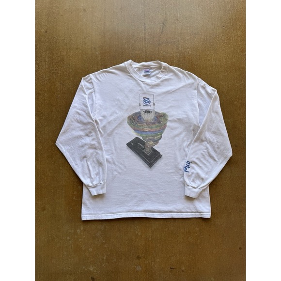 VTG 90s Intel Inside Pentium II Bunny People Rainbow Tornado Tech T-Shirt XL
